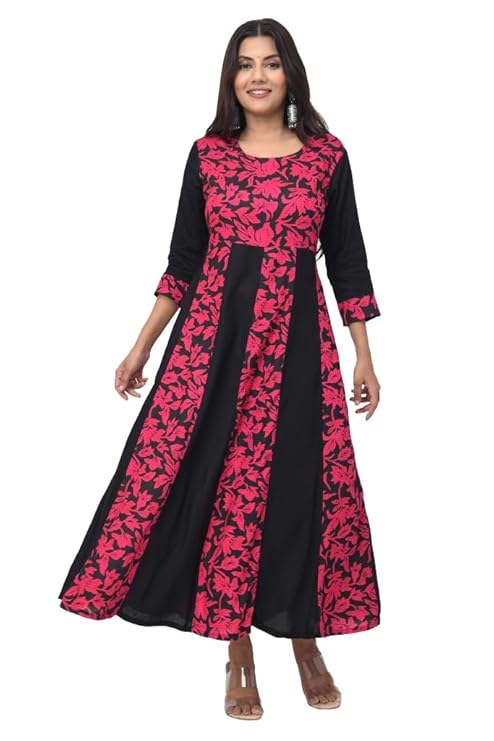 Black & Red Floral Anarkali Kurti – Full Length Rayon Women’s Dress