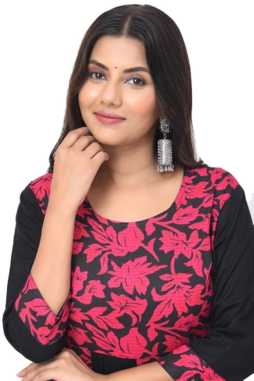Black & Red Floral Anarkali Kurti – Full Length Rayon Women’s Dress