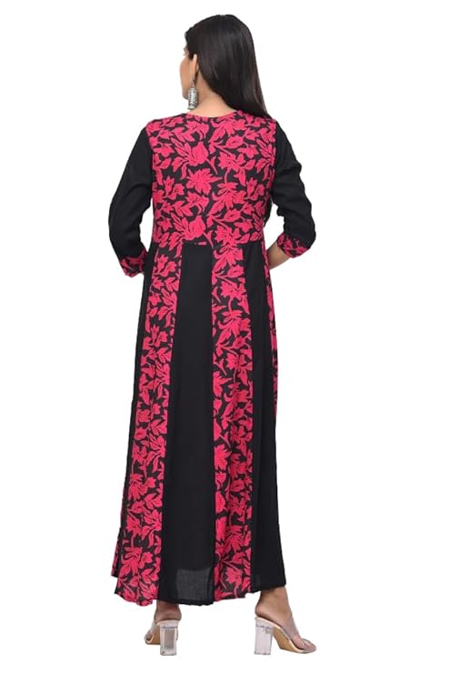 Black & Red Floral Anarkali Kurti – Full Length Rayon Women’s Dress