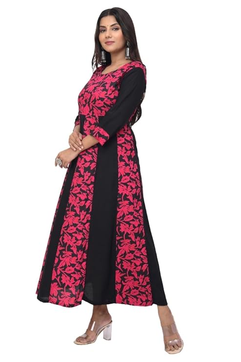 Black & Red Floral Anarkali Kurti – Full Length Rayon Women’s Dress
