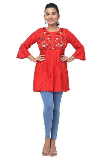 Buttoncreep Bright Red Floral Embroidered Short Kurti