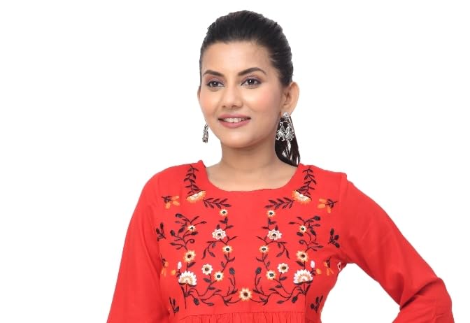 Buttoncreep Bright Red Floral Embroidered Short Kurti