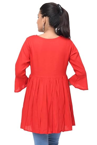Buttoncreep Bright Red Floral Embroidered Short Kurti