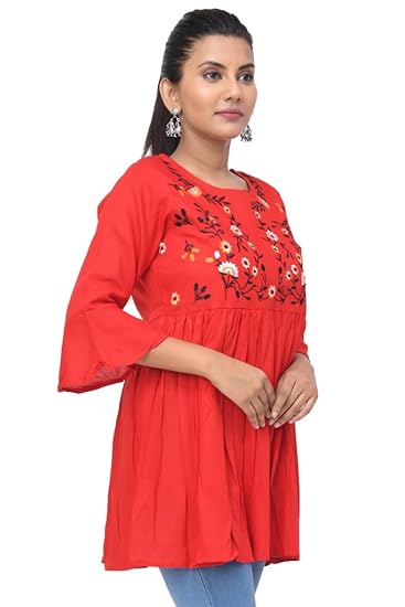 Buttoncreep Bright Red Floral Embroidered Short Kurti