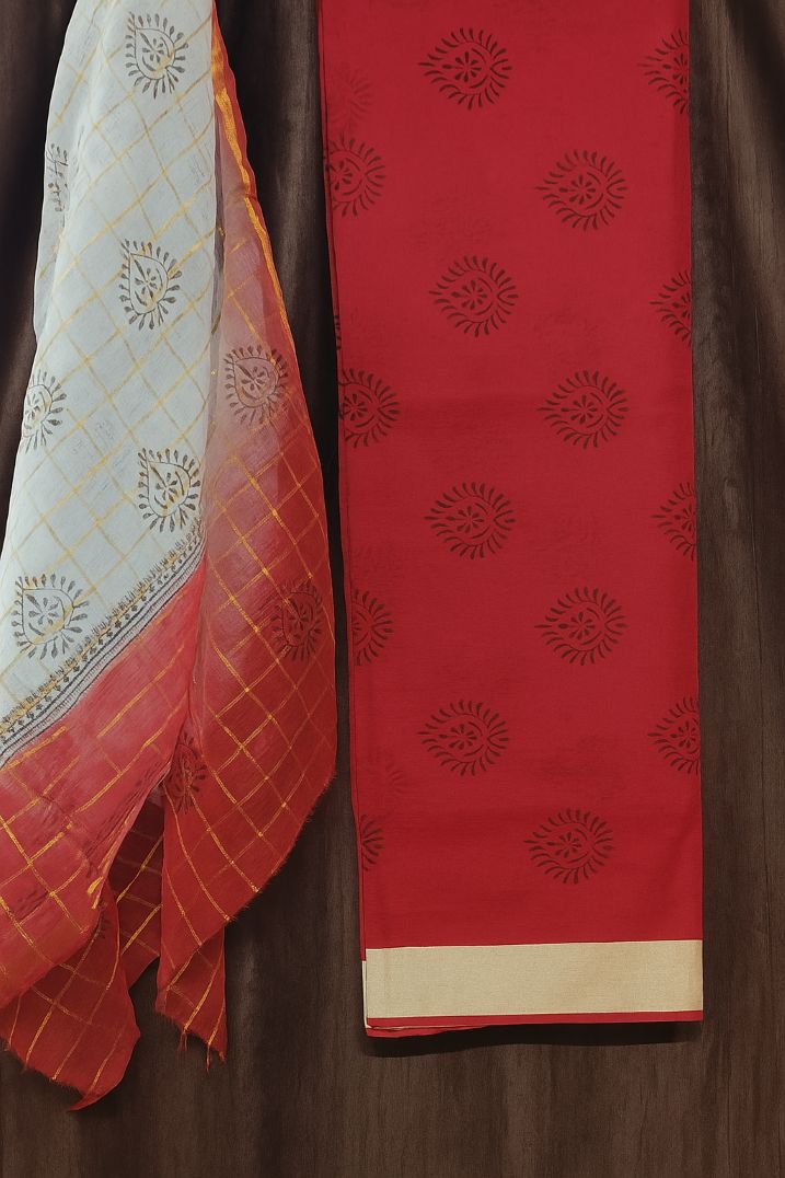 BUTTONCRYP Red Mix Silk Buti Kurti and Dupatta Material - Desi Style, Royal Look