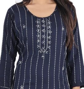 BUTTONCRYP Navy Blue Women's Straight Long Kurti – Cotton/Rayon, Stripe Print and Yoke Embroidery