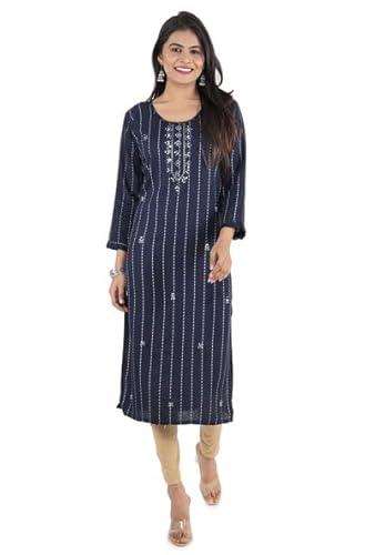 BUTTONCRYP Navy Blue Women's Straight Long Kurti – Cotton/Rayon, Stripe Print and Yoke Embroidery