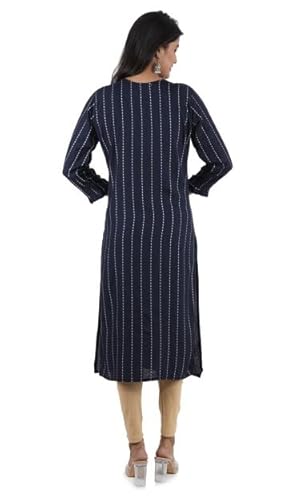 BUTTONCRYP Navy Blue Women's Straight Long Kurti – Cotton/Rayon, Stripe Print and Yoke Embroidery