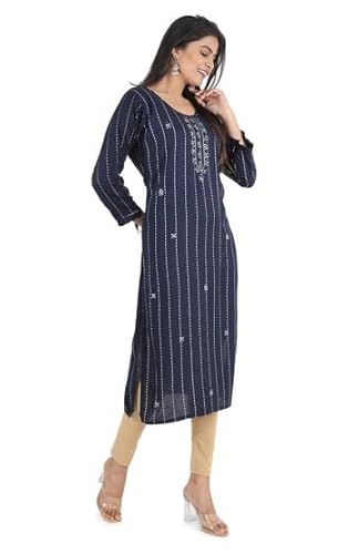 BUTTONCRYP Navy Blue Women's Straight Long Kurti – Cotton/Rayon, Stripe Print and Yoke Embroidery
