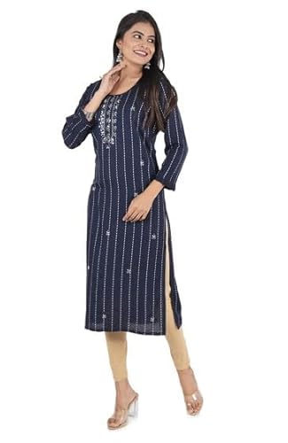 BUTTONCRYP Navy Blue Women's Straight Long Kurti – Cotton/Rayon, Stripe Print and Yoke Embroidery
