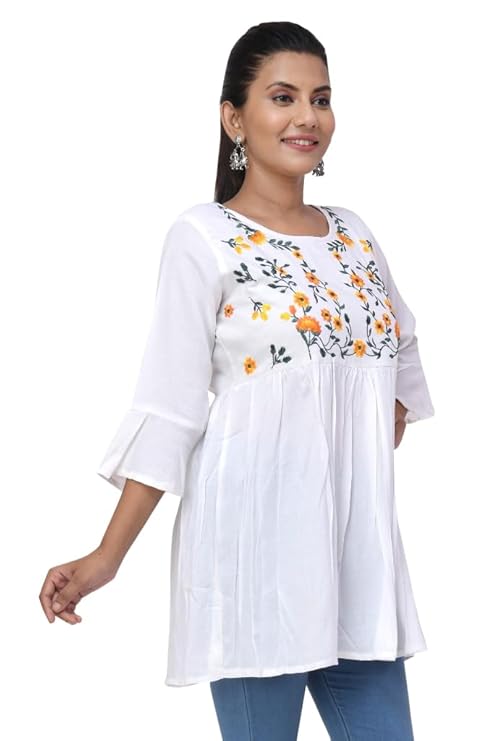 White Floral Embroidered Rayon Kurti with 3/4 Bell Sleeves – Casual & Office Wear