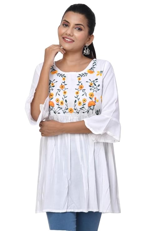 White Floral Embroidered Rayon Kurti with 3/4 Bell Sleeves – Casual & Office Wear