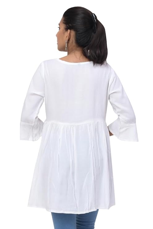 White Floral Embroidered Rayon Kurti with 3/4 Bell Sleeves – Casual & Office Wear
