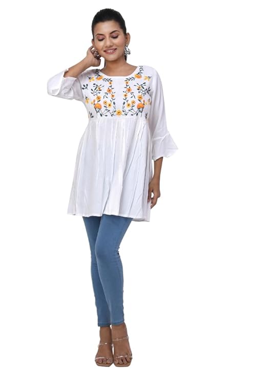 White Floral Embroidered Rayon Kurti with 3/4 Bell Sleeves – Casual & Office Wear