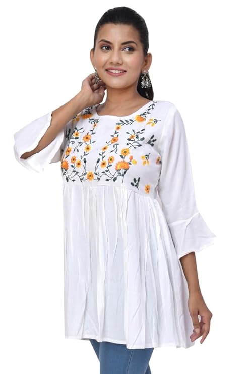 White Floral Embroidered Rayon Kurti with 3/4 Bell Sleeves – Casual & Office Wear