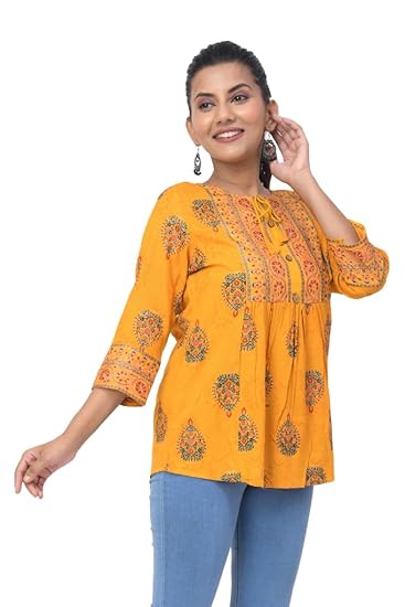 BUTTONCRYP Women's Casual Printed Cotton Kurti – Mustard Yellow, Ethnic Floral Design, Front Tie-Up, 3/4 Sleeves