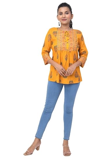 BUTTONCRYP Women's Casual Printed Cotton Kurti – Mustard Yellow, Ethnic Floral Design, Front Tie-Up, 3/4 Sleeves