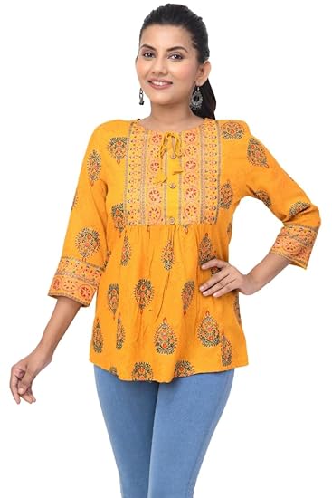BUTTONCRYP Women's Casual Printed Cotton Kurti – Mustard Yellow, Ethnic Floral Design, Front Tie-Up, 3/4 Sleeves