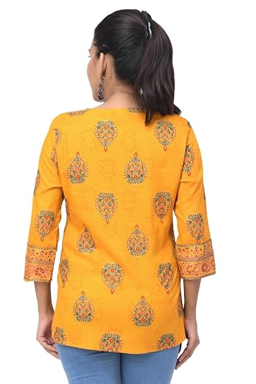 BUTTONCRYP Women's Casual Printed Cotton Kurti – Mustard Yellow, Ethnic Floral Design, Front Tie-Up, 3/4 Sleeves