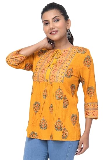 BUTTONCRYP Women's Casual Printed Cotton Kurti – Mustard Yellow, Ethnic Floral Design, Front Tie-Up, 3/4 Sleeves