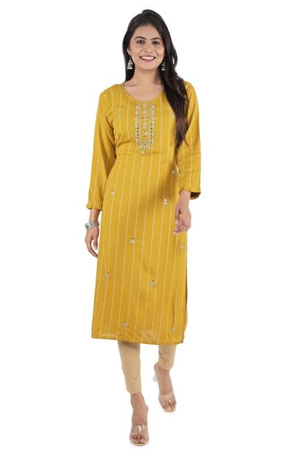 BUTTONCRYP Mustard Yellow Cotton/Rayon Straight Long Kurti