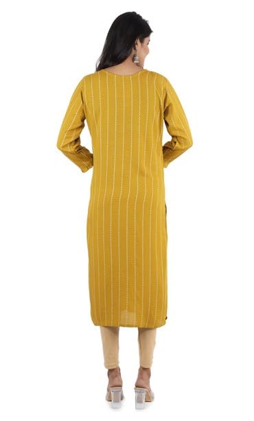 BUTTONCRYP Mustard Yellow Cotton/Rayon Straight Long Kurti