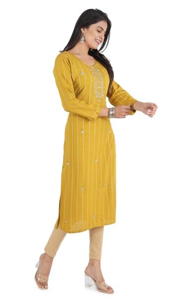 BUTTONCRYP Mustard Yellow Cotton/Rayon Straight Long Kurti
