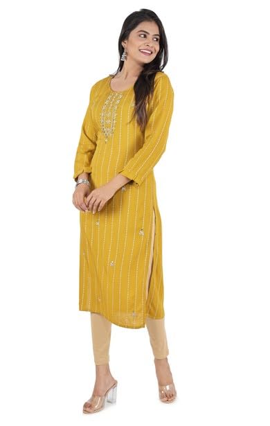 BUTTONCRYP Mustard Yellow Cotton/Rayon Straight Long Kurti